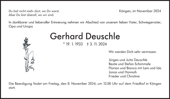 Traueranzeige von Gerhard Deuschle von Eßlinger Zeitung/Cannstatter Zeitung