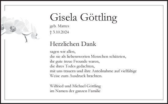 Traueranzeige von Gisela Göttling von Eßlinger Zeitung/Cannstatter Zeitung