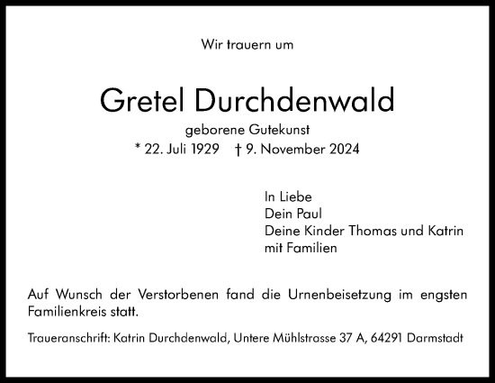 Traueranzeige von Gretel Durchdenwald von Eßlinger Zeitung/Cannstatter Zeitung