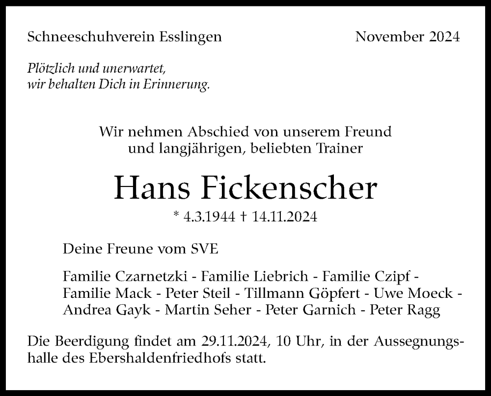  Traueranzeige für Hans Fickenscher vom 27.11.2024 aus Eßlinger Zeitung/Cannstatter Zeitung