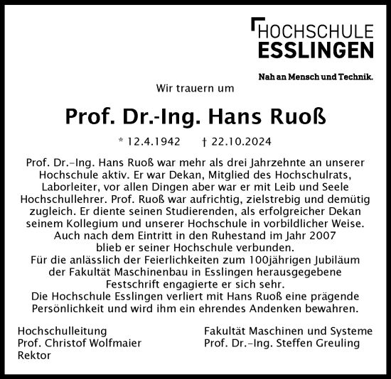 Traueranzeige von Hans Ruoß von Eßlinger Zeitung/Cannstatter Zeitung