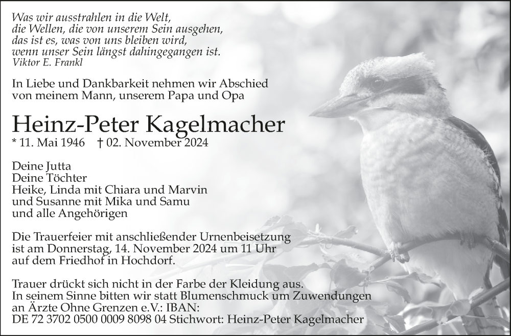  Traueranzeige für Heinz-Peter Kagelmacher vom 11.11.2024 aus Eßlinger Zeitung/Cannstatter Zeitung