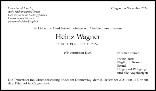 Traueranzeige von Heinz Wagner von Eßlinger Zeitung/Cannstatter Zeitung
