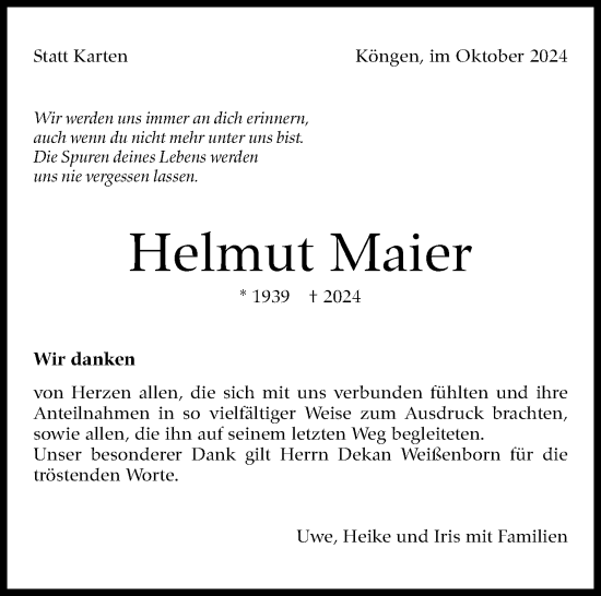 Traueranzeige von Helmut Maier von Eßlinger Zeitung/Cannstatter Zeitung
