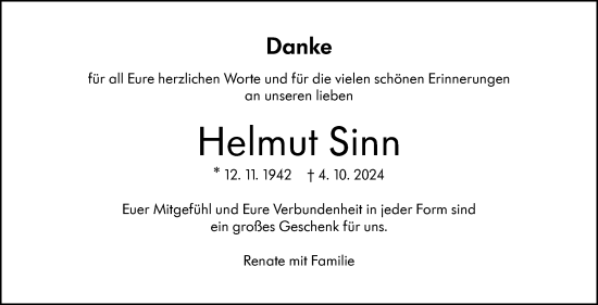 Traueranzeige von Helmut Sinn von Eßlinger Zeitung/Cannstatter Zeitung
