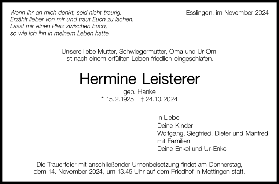 Traueranzeige von Hermine Leisterer von Eßlinger Zeitung/Cannstatter Zeitung