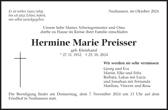 Traueranzeige von Hermine Marie Preisser von Eßlinger Zeitung/Cannstatter Zeitung