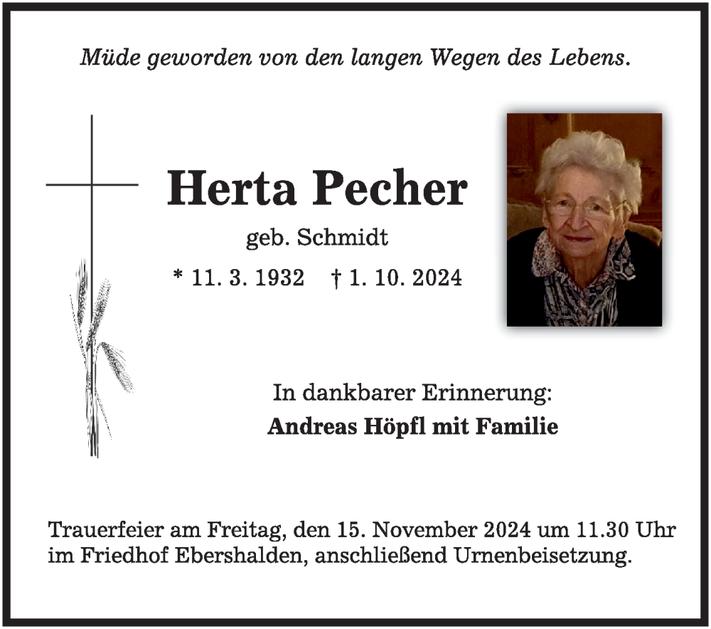  Traueranzeige für Herta Pecher vom 12.11.2024 aus Eßlinger Zeitung/Cannstatter Zeitung