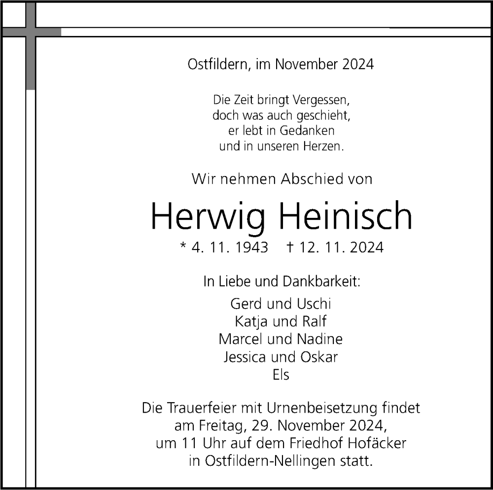  Traueranzeige für Herwig Heinisch vom 16.11.2024 aus Eßlinger Zeitung/Cannstatter Zeitung