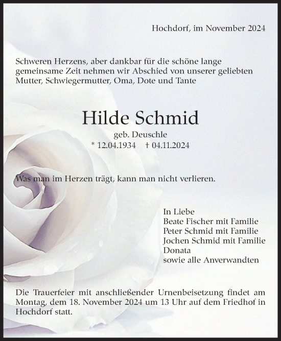 Traueranzeige von Hilde Schmid von Eßlinger Zeitung/Cannstatter Zeitung