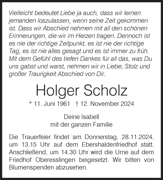 Traueranzeige von Holger Scholz von Eßlinger Zeitung/Cannstatter Zeitung