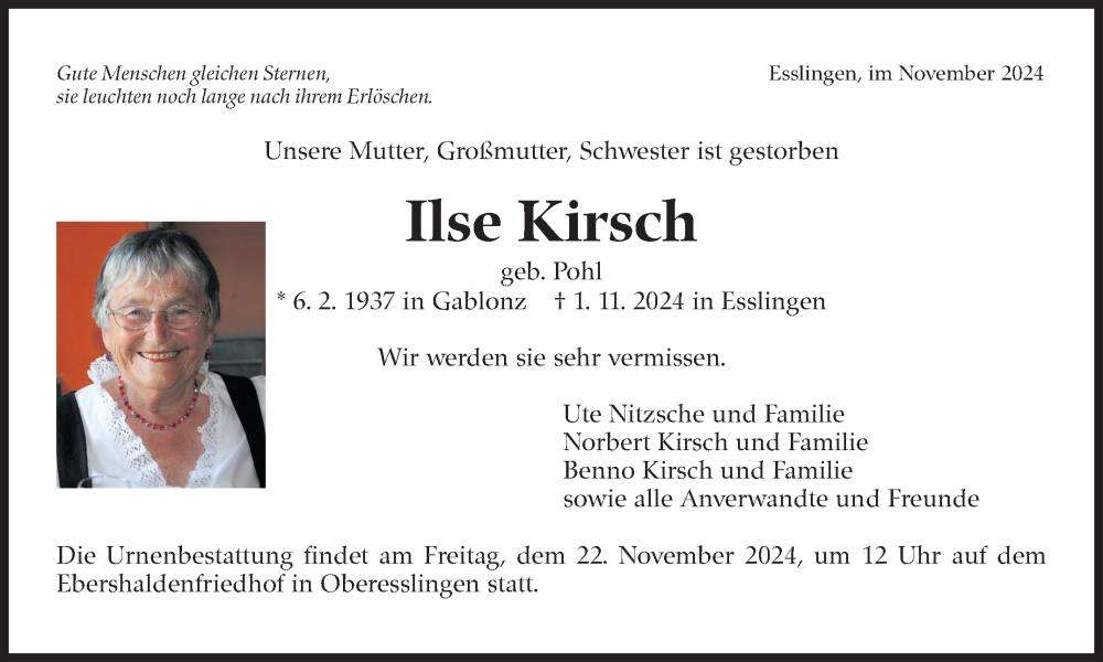  Traueranzeige für Ilse Kirsch vom 16.11.2024 aus Eßlinger Zeitung/Cannstatter Zeitung
