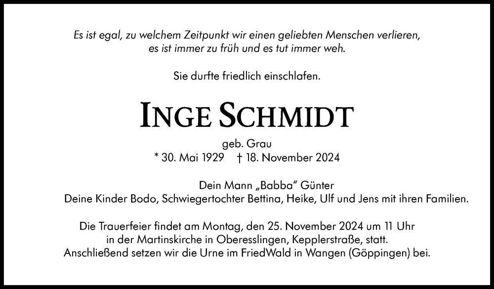  Traueranzeige für Inge Schmidt vom 22.11.2024 aus Eßlinger Zeitung/Cannstatter Zeitung