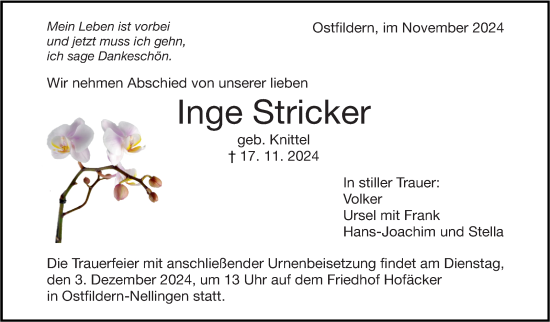 Traueranzeige von Inge Stricker von Eßlinger Zeitung/Cannstatter Zeitung
