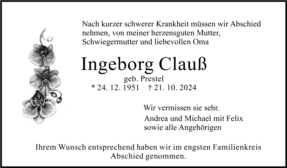  Traueranzeige für Ingeborg Clauß vom 21.11.2024 aus Eßlinger Zeitung/Cannstatter Zeitung
