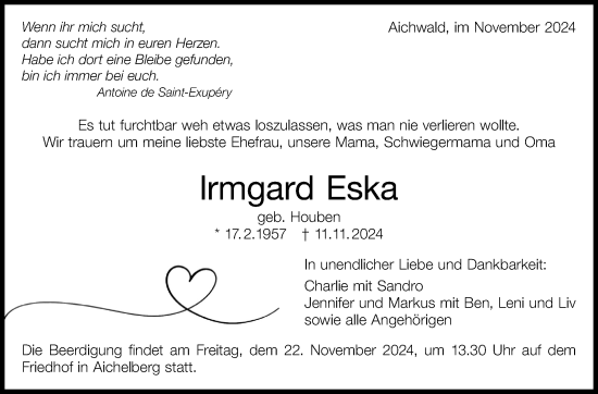Traueranzeige von Irmgard Eska von Eßlinger Zeitung/Cannstatter Zeitung
