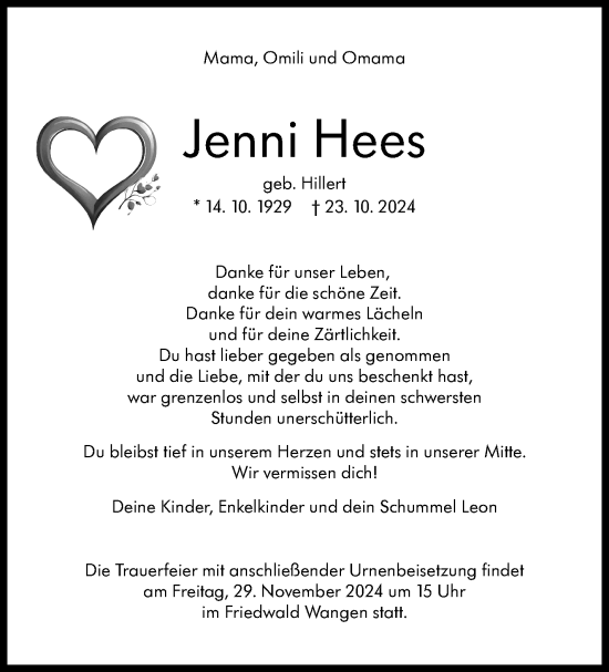 Traueranzeige von Jenni Hees von Eßlinger Zeitung/Cannstatter Zeitung