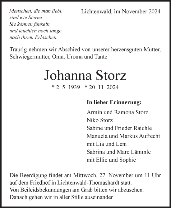 Traueranzeige von Johanna Storz von Eßlinger Zeitung/Cannstatter Zeitung