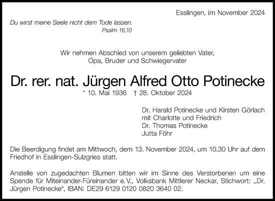 Traueranzeige von Jürgen Alfred Otto Potinecke von Eßlinger Zeitung/Cannstatter Zeitung