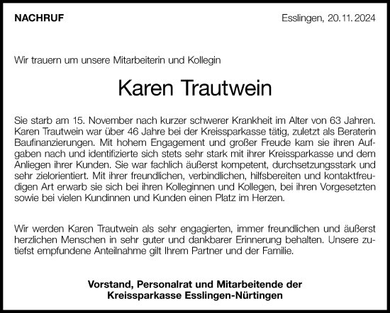Traueranzeige von Karen Trautwein von Eßlinger Zeitung/Cannstatter Zeitung