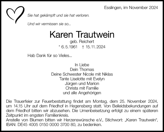 Traueranzeige von Karen Trautwein von Eßlinger Zeitung/Cannstatter Zeitung