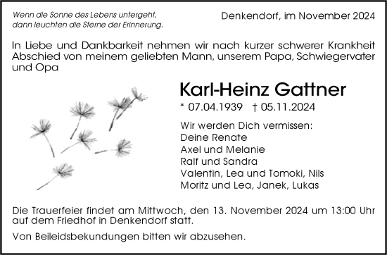 Traueranzeige von Karl-Heinz Gattner von Eßlinger Zeitung/Cannstatter Zeitung