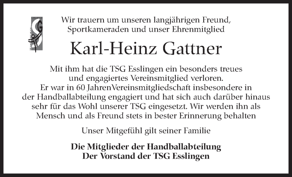  Traueranzeige für Karl-Heinz Gattner vom 13.11.2024 aus Eßlinger Zeitung/Cannstatter Zeitung