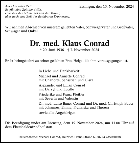 Traueranzeige von Klaus Conrad von Eßlinger Zeitung/Cannstatter Zeitung