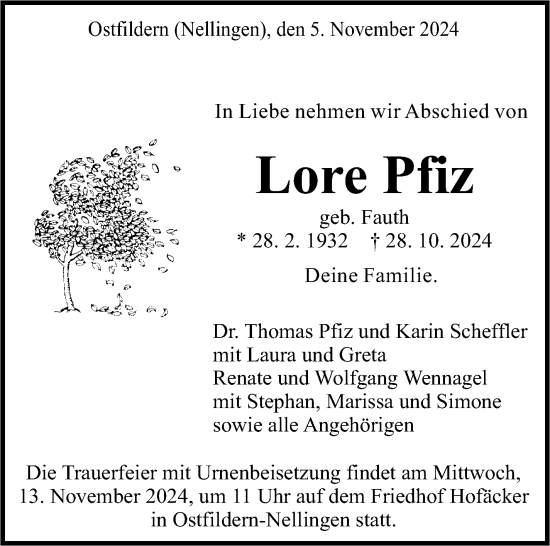 Traueranzeige von Lore Pfiz von Eßlinger Zeitung/Cannstatter Zeitung
