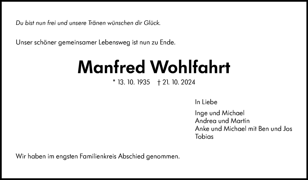  Traueranzeige für Manfred Wohlfahrt vom 16.11.2024 aus Eßlinger Zeitung/Cannstatter Zeitung