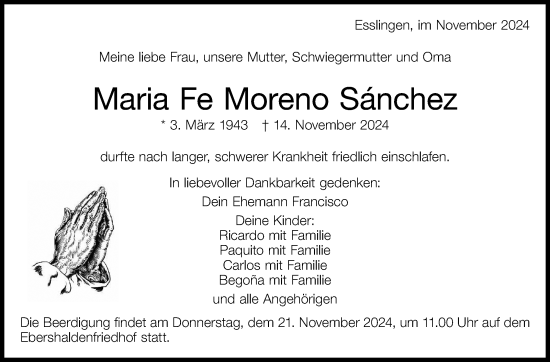 Traueranzeige von Maria Fe Moreno Sanchez von Eßlinger Zeitung/Cannstatter Zeitung