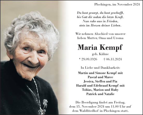 Traueranzeige von Maria Kempf von Eßlinger Zeitung/Cannstatter Zeitung