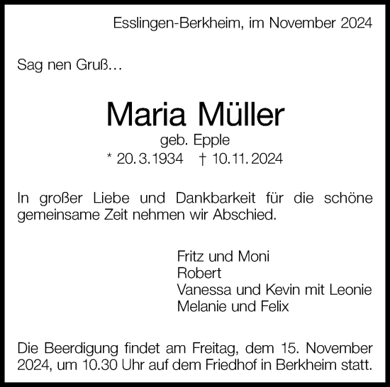 Traueranzeige von Maria Müller von Eßlinger Zeitung/Cannstatter Zeitung