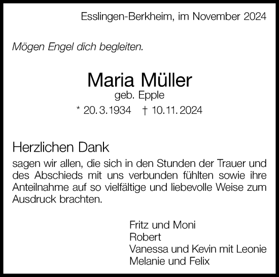 Traueranzeige von Maria Müller von Eßlinger Zeitung/Cannstatter Zeitung