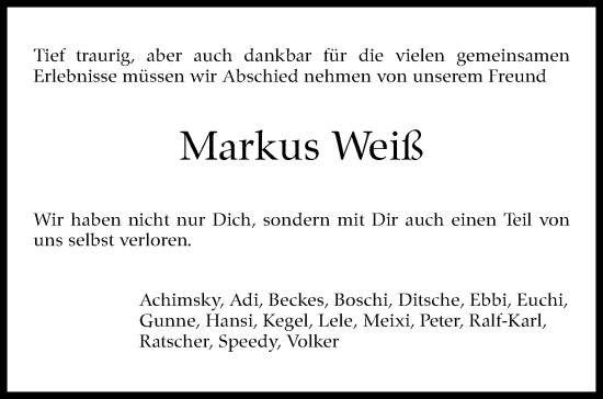 Traueranzeige von Markus Weiß von Eßlinger Zeitung/Cannstatter Zeitung