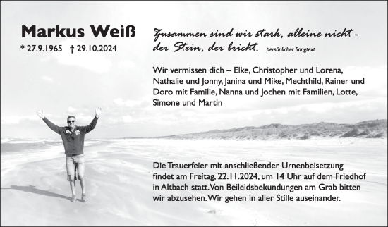 Traueranzeige von Markus Weiß von Eßlinger Zeitung/Cannstatter Zeitung