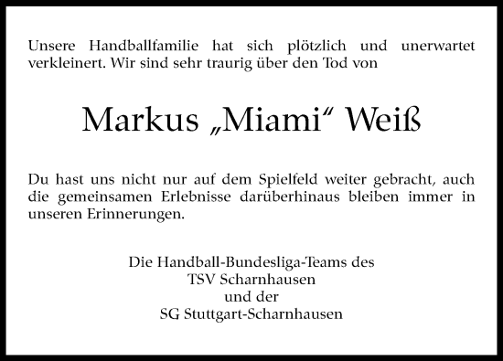 Traueranzeige von Markus Weiß von Eßlinger Zeitung/Cannstatter Zeitung