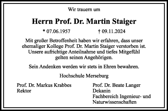 Traueranzeige von Martin Staiger von Eßlinger Zeitung/Cannstatter Zeitung
