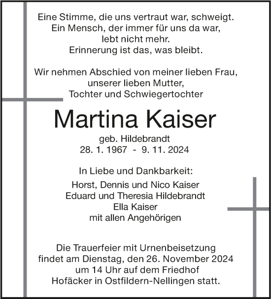 Traueranzeige von Martina Kaiser von Eßlinger Zeitung/Cannstatter Zeitung