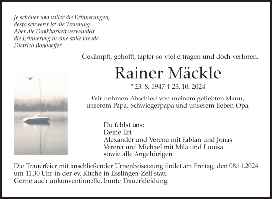 Traueranzeige von Rainer Mäckle von Eßlinger Zeitung/Cannstatter Zeitung