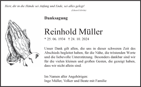 Traueranzeige von Reinhold Müller von Eßlinger Zeitung/Cannstatter Zeitung