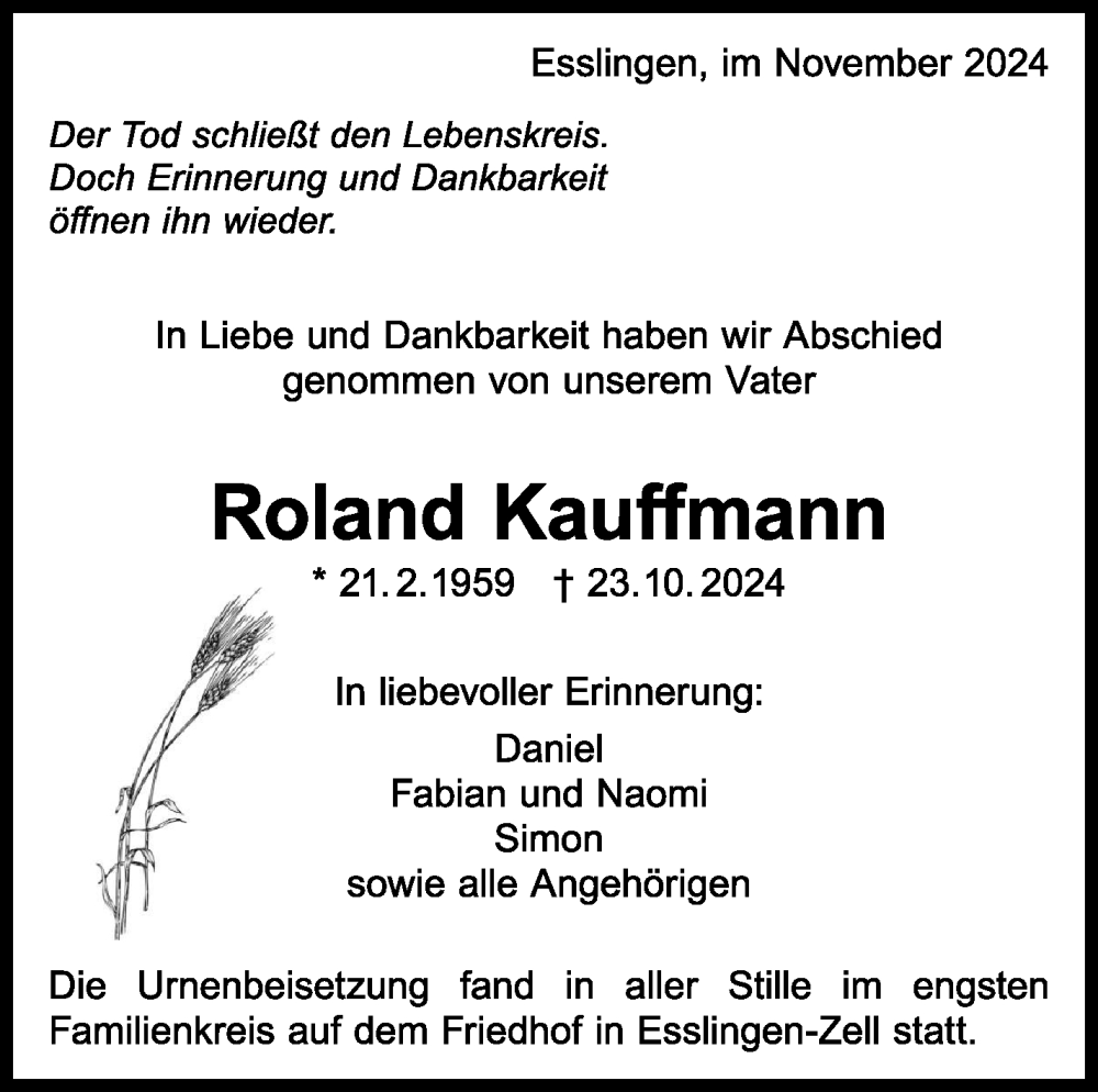  Traueranzeige für Roland Kauffmann vom 16.11.2024 aus Eßlinger Zeitung/Cannstatter Zeitung