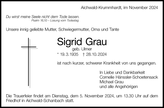 Traueranzeige von Sigrid Grau von Eßlinger Zeitung/Cannstatter Zeitung