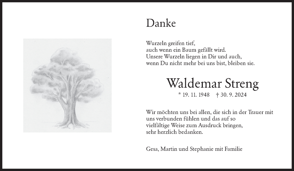  Traueranzeige für Waldemar Streng vom 07.11.2024 aus Eßlinger Zeitung/Cannstatter Zeitung