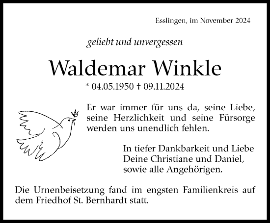 Traueranzeige von Waldemar Winkle von Eßlinger Zeitung/Cannstatter Zeitung