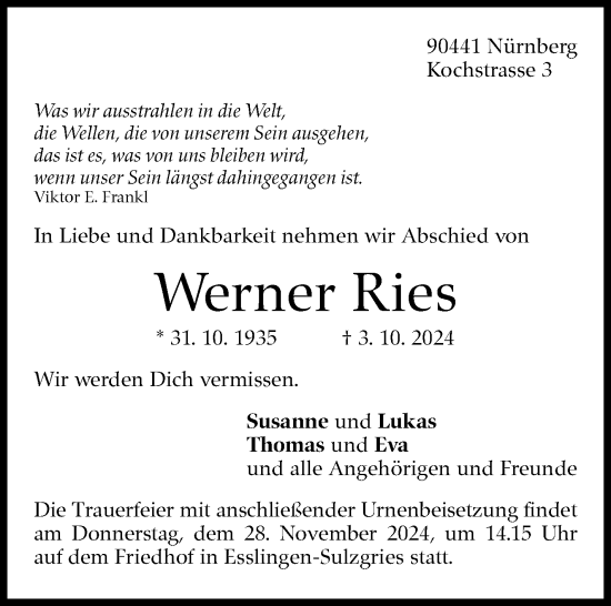 Traueranzeige von Werner Ries von Eßlinger Zeitung/Cannstatter Zeitung