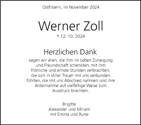 Traueranzeige von Werner Zoll von Eßlinger Zeitung/Cannstatter Zeitung