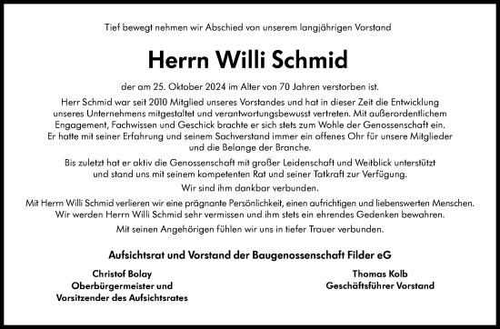 Traueranzeige von Willi Schmid von Eßlinger Zeitung/Cannstatter Zeitung