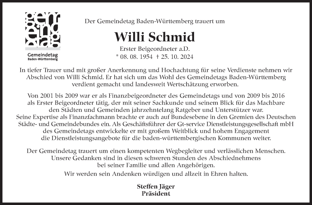  Traueranzeige für Willi Schmid vom 02.11.2024 aus Eßlinger Zeitung/Cannstatter Zeitung