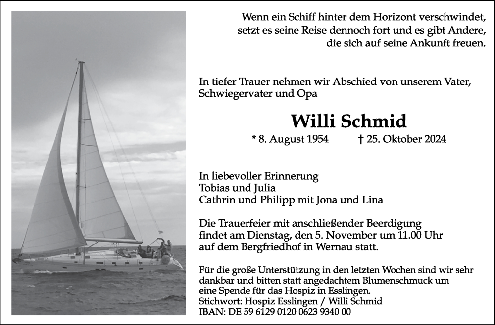  Traueranzeige für Willi Schmid vom 02.11.2024 aus Eßlinger Zeitung/Cannstatter Zeitung